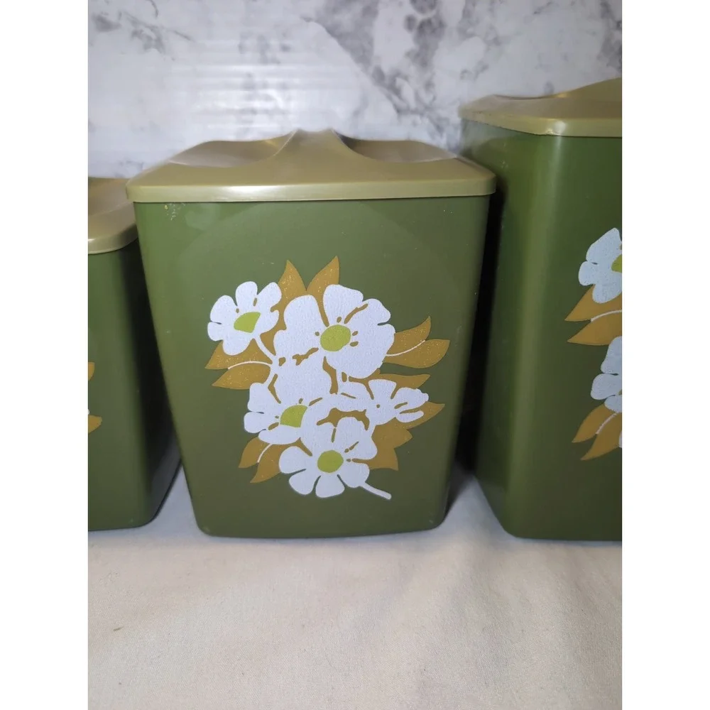 Vintage Flower Avocado Green Canister Set Kitchen Groovy Retro Country MCM
